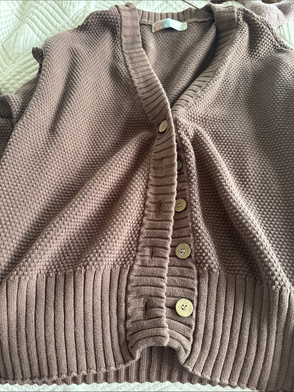 Free People Button-Front Chunky Knit Cardigan in Mauve Brown - Picture 3 of 5